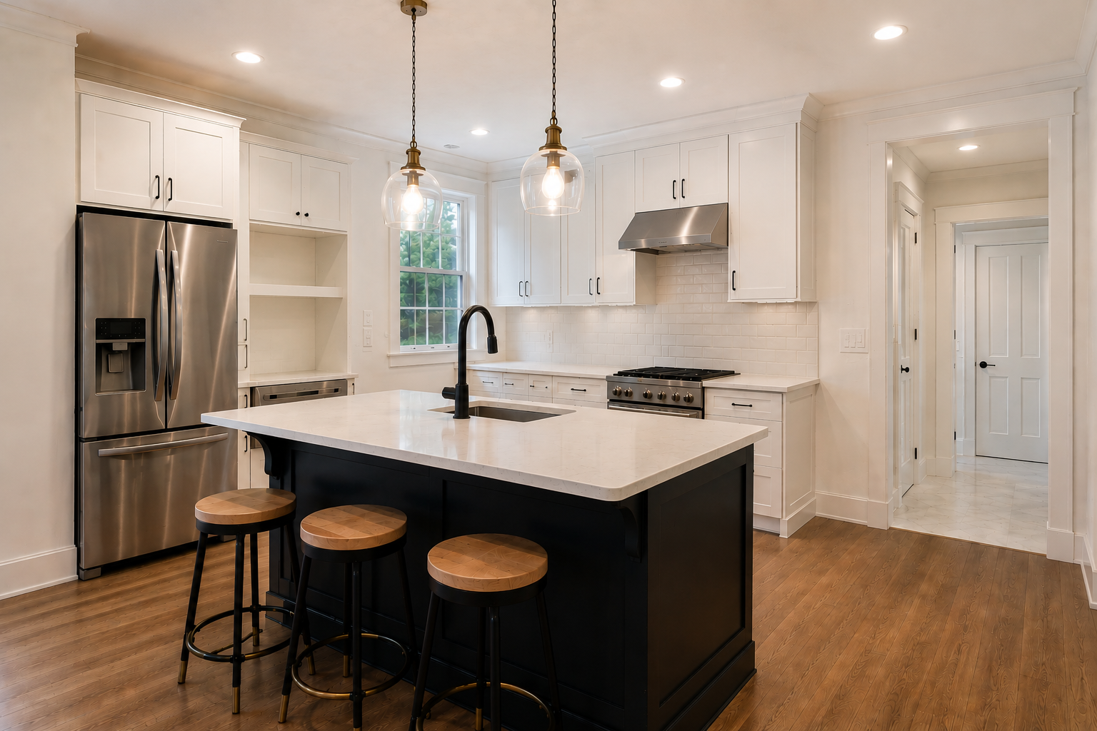 Open kitchen with black island, brass pendants and white cabinetry