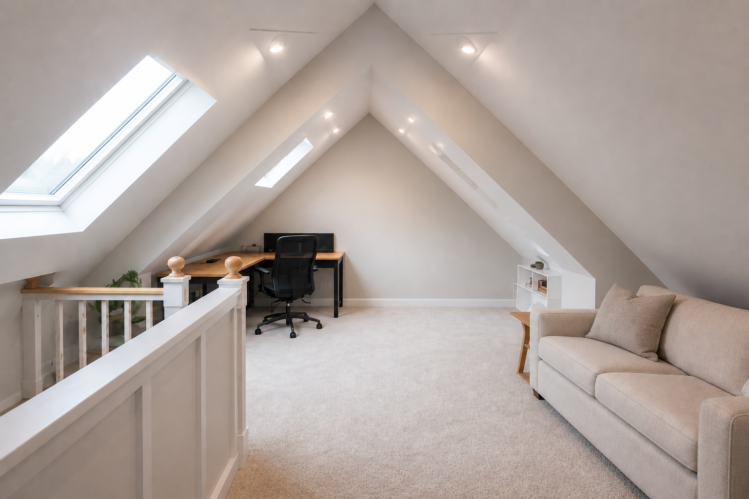 Converted loft space with skylights and pitched ceiling